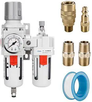 3/8" NPT Air Filter Regulator Lubricator Combo, Water Separator,5-micron brass filter, 0-150 psi gauge, poly bowl, semi-auto drain, 60 SCFM, helps protect tools from moisture and debris. 3/8" NPT Air Filter Regulator Lubricator Combo, Water Separator,5-micron brass filter, 0-150 psi gauge, poly bowl, semi-auto drain, 60 SCFM, helps protect tools from moisture and debris.