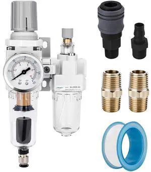1/4" NPT Air Filter Regulator Lubricator Combo, Water Separator, 5-micron brass filter, 0-150 psi gauge, poly bowl, auto drain, 18 SCFM, helps protect tools from moisture and debris 1/4" NPT Air Filter Regulator Lubricator Combo, Water Separator, 5-micron brass filter, 0-150 psi gauge, poly bowl, auto drain, 18 SCFM, helps protect tools from moisture and debris