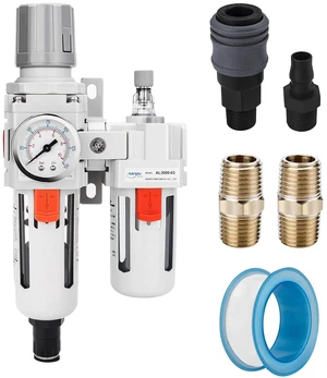 3/8" NPT Air Filter Regulator Lubricator Combo, Water Separator ,5-micron brass filter, 0-150 psi gauge, poly bowl, auto drain, 60 SCFM, helps protect tools from moisture and debris 3/8" NPT Air Filter Regulator Lubricator Combo, Water Separator ,5-micron brass filter, 0-150 psi gauge, poly bowl, auto drain, 60 SCFM, helps protect tools from moisture and debris