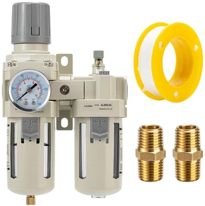 Industrial Air Compressor Filter Regulator Lubricator (FRL) Unit - 1/2 NPT Oil Water Separator with Pressure Gauge & Semi-Auto Drain for Pneumatic Systems Industrial Air Compressor Filter Regulator Lubricator (FRL) Unit - 1/2 NPT Oil Water Separator with Pressure Gauge & Semi-Auto Drain for Pneumatic Systems