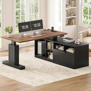 Farmhouse L Shaped Standing Desk with Lateral File Cabinet, 55.1" X 54.3" Electric Executive Desk Adjustable Height with Power Outlets, Shelves, Sit Stand Corner Computer Desk for Home Office, Black Farmhouse L Shaped Standing Desk with Lateral File Cabinet, 55.1" X 54.3" Electric Executive Desk Adjustable Height with Power Outlets, Shelves, Sit Stand Corner Computer Desk for Home Office, Black