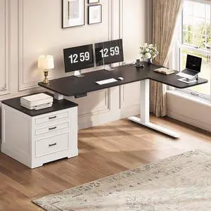 Farmhouse L Shaped Electric Standing Desk, 70.9" x 39.4" Height Adjustable Office Executive Desk with 3 Drawers, Standing Computer Desks with Power Outlet for Home Office, Black White Farmhouse L Shaped Electric Standing Desk, 70.9" x 39.4" Height Adjustable Office Executive Desk with 3 Drawers, Standing Computer Desks with Power Outlet for Home Office, Black White