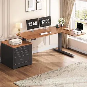 Farmhouse L Shaped Electric Standing Desk, 70.9" x 39.4" Height Adjustable Office Executive Desk with 3 Drawers, Standing Computer Desks with Power Outlet for Home Office, Black Brown Farmhouse L Shaped Electric Standing Desk, 70.9" x 39.4" Height Adjustable Office Executive Desk with 3 Drawers, Standing Computer Desks with Power Outlet for Home Office, Black Brown