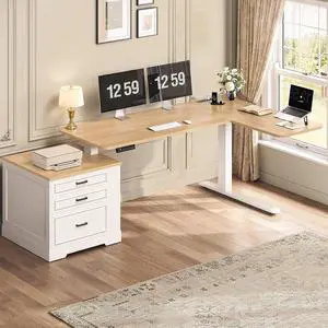 Farmhouse L Shaped Electric Standing Desk, 70.9" x 39.4" Height Adjustable Office Executive Desk with 3 Drawers, Standing Computer Desks with Power Outlet for Home Office, Oak Farmhouse L Shaped Electric Standing Desk, 70.9" x 39.4" Height Adjustable Office Executive Desk with 3 Drawers, Standing Computer Desks with Power Outlet for Home Office, Oak