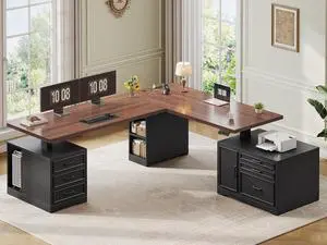 Farmhouse L Shaped Electric Standing Desk with File Cabinet, 77 x 55'' Height Adjustable Home Office Computer Desk with 6 Drawers, Power Outlet, Sit Stand Desk, Black Brown Farmhouse L Shaped Electric Standing Desk with File Cabinet, 77 x 55'' Height Adjustable Home Office Computer Desk with 6 Drawers, Power Outlet, Sit Stand Desk, Black Brown