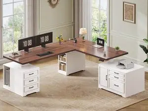 Farmhouse L Shaped Electric Standing Desk with File Cabinet, 77 x 55'' Height Adjustable Home Office Computer Desk with 6 Drawers, Power Outlet, Sit Stand Desk, White Brown Farmhouse L Shaped Electric Standing Desk with File Cabinet, 77 x 55'' Height Adjustable Home Office Computer Desk with 6 Drawers, Power Outlet, Sit Stand Desk, White Brown