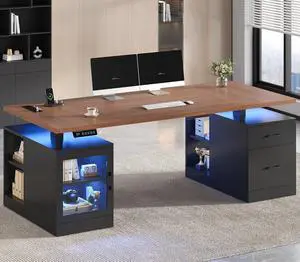 71 in Executive Standing Desk, Electric Height Adjustable Desk with Storage Drawers, Glass Cabinet, Shelves, Power Outlet, LED Light, Wood Sit Stand up Computer Desks for Home Office (Black) 71 in Executive Standing Desk, Electric Height Adjustable Desk with Storage Drawers, Glass Cabinet, Shelves, Power Outlet, LED Light, Wood Sit Stand up Computer Desks for Home Office (Black)