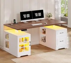 63" Farmhouse Electric Standing Desk with Drawers, Storage Shelves, Executive Height Adjustable Computer Desk with Glass Cabinet,Power Outlet,LED Light, Sit Stand up Desks for Home Office White 63" Farmhouse Electric Standing Desk with Drawers, Storage Shelves, Executive Height Adjustable Computer Desk with Glass Cabinet,Power Outlet,LED Light, Sit Stand up Desks for Home Office White