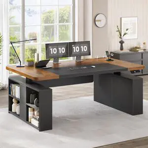 63" Executive Standing Desk with Storage, Executive Height Adjustable Desk with Power Outlets, Large Computer Office Desk with Privacy Panel for Home Office, Black Brown 63" Executive Standing Desk with Storage, Executive Height Adjustable Desk with Power Outlets, Large Computer Office Desk with Privacy Panel for Home Office, Black Brown