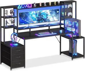 76 Inch Gaming Desk with Storage Shelves, LED Lights, 3 Drawers, PC Desk with Hutch & Pegboard & Large Desktop, Reversible Computer Desk for Home Office, Carbon Fiber Black 76 Inch Gaming Desk with Storage Shelves, LED Lights, 3 Drawers, PC Desk with Hutch & Pegboard & Large Desktop, Reversible Computer Desk for Home Office, Carbon Fiber Black
