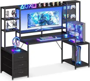 67 Inch Gaming Desk with Display Shelves, 3 Drawers, LED Lights, Hutch Large Computer Desk with Pegboard & PC Shelf & Storage Shelves, Reversible Office Desk for Home, Carbon Fiber Black 67 Inch Gaming Desk with Display Shelves, 3 Drawers, LED Lights, Hutch Large Computer Desk with Pegboard & PC Shelf & Storage Shelves, Reversible Office Desk for Home, Carbon Fiber Black