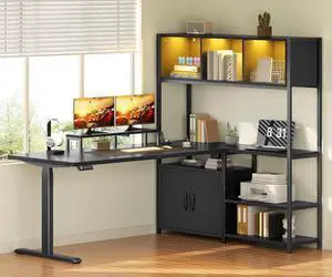 55'' L Shaped Standing Desk, Sit Stand Desk with Storage Hutch, Stand Up Corner Gaming Desk with Shelves, Cabinet, Monitor Stand, LED Lights & Power Outlet for Work Writing, Black 55'' L Shaped Standing Desk, Sit Stand Desk with Storage Hutch, Stand Up Corner Gaming Desk with Shelves, Cabinet, Monitor Stand, LED Lights & Power Outlet for Work Writing, Black