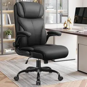 Office Chair, High Back Desk Chair with Flip-up Armrests, Big and tall ergonomic leather executive computer & gaming chair with comfy padded, rocking function and lumbar support, Black Office Chair, High Back Desk Chair with Flip-up Armrests, Big and tall ergonomic leather executive computer & gaming chair with comfy padded, rocking function and lumbar support, Black