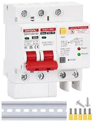 Ground Fault Circuit Breaker with Voltage Surge Arrester Protection, 32Amp, 2 Poles, AC 120V-240V, DIN Rail Mount Residual Current Circuit Breaker Ground Fault Circuit Breaker with Voltage Surge Arrester Protection, 32Amp, 2 Poles, AC 120V-240V, DIN Rail Mount Residual Current Circuit Breaker