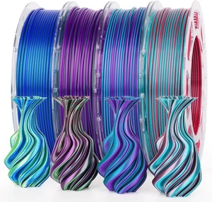 Silk PLA 3D Printer Filament Bundle, Shiny Dual Color PLA Filament 1.75mm Pack, PLA 3D Printing Filament, Blue Green Coral Dark Violet Purple 200g X 4 Spools Silk PLA 3D Printer Filament Bundle, Shiny Dual Color PLA Filament 1.75mm Pack, PLA 3D Printing Filament, Blue Green Coral Dark Violet Purple 200g X 4 Spools