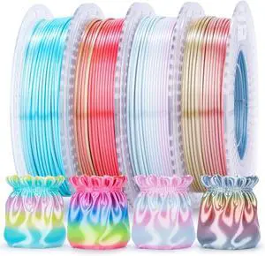 Silk Rainbow PLA Filament 1.75mm, Shiny Multicolor Gradient Color Change, 4-Pack 800g (4×200g) Assorted Colors, Dimensional Accuracy ±0.02mm, NO-Tangle & Low Warping, Fits Most FDM 3D Printers Silk Rainbow PLA Filament 1.75mm, Shiny Multicolor Gradient Color Change, 4-Pack 800g (4×200g) Assorted Colors, Dimensional Accuracy ±0.02mm, NO-Tangle & Low Warping, Fits Most FDM 3D Printers