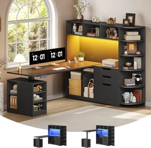 59" L Shaped Standing Desk with 3 Drawers Storage and Bookshelves, Office Stand Up Corner Desk with Hutch and Open Shelves, LED Light and Power Outlet for Work, Writing, Study & Gaming - Black 59" L Shaped Standing Desk with 3 Drawers Storage and Bookshelves, Office Stand Up Corner Desk with Hutch and Open Shelves, LED Light and Power Outlet for Work, Writing, Study & Gaming - Black