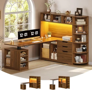 59" L Shaped Standing Desk with 3 Drawers Storage and Bookshelves, Office Stand Up Corner Desk with Hutch and Open Shelves, LED Light and Power Outlet for Work, Writing, Study & Gaming - Brown 59" L Shaped Standing Desk with 3 Drawers Storage and Bookshelves, Office Stand Up Corner Desk with Hutch and Open Shelves, LED Light and Power Outlet for Work, Writing, Study & Gaming - Brown