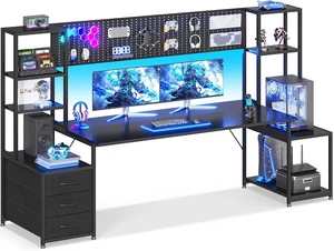 79 Inch Gaming Desk with Shelves & DIY Pegboard, PC Desk with Drawers, Large Computer Desk with LED Lights & Storage Shelf, Ultra-Wide Gamer Workstation, Black, Carbon Fiber Surface 79 Inch Gaming Desk with Shelves & DIY Pegboard, PC Desk with Drawers, Large Computer Desk with LED Lights & Storage Shelf, Ultra-Wide Gamer Workstation, Black, Carbon Fiber Surface