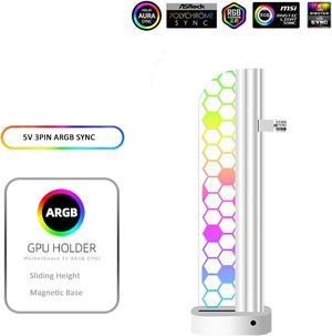 PANO-MOUNTS 5V 3-Pin ARGB Addressable RGB GPU Support Bracket Holder Sliding Height Adjustable Magnetic With Acrylic For Graphics and Video Cards White