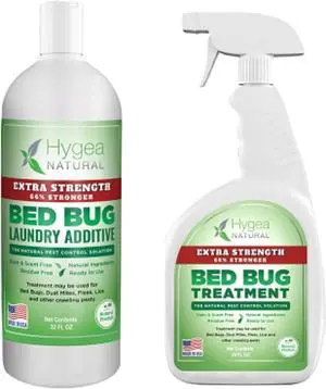 Hygea Natural Extra Strength Bed Bug, Lice and Mite Spray Treatment kit - Natural Non Toxic, Safe & Odorless. Includes: 24 Oz bed bug spray and 32 Oz bed bug laundry additive