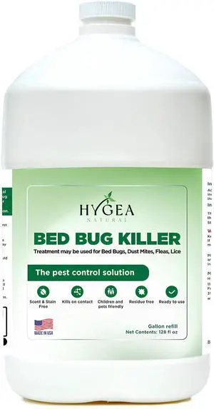 Hygea Natural Bed Bugs Spray Treatment -Stain and Scent Free, Safe for Children and Pets- Lice, Dust Mites, Allergens Treatment- Odorless Natural Formula -Gallon 128 oz Refill