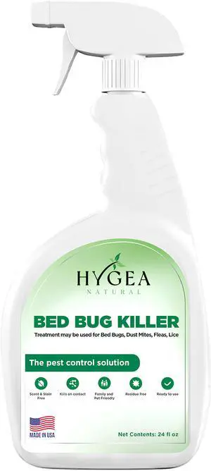 Bed Bug Natural Spray Treatment by Hygea Natural - 24oz, Natural & Non-Toxic & Odorless, Child & Pet Safe - Treats All Crawling pests Including lice, Ticks, Fleas, Ants