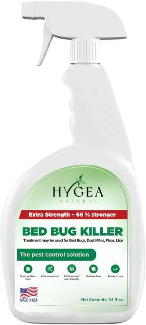 Bed Bug & Mite Extra Strength 24oz Spray by Hygea Natural  New Formula 66% Stronger- Stain & Scent Free Treatment  Natural Formula - Child & Pet Safe- Natural Bed Bug Spray, dust Mites, lice