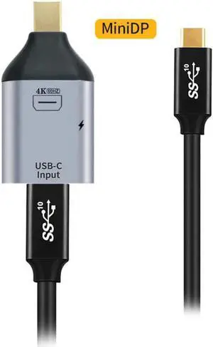 100W 10Gbps Cable & USB-C Female Source to Mini Displayport DP Sink HDTV & PD Power Adapter 4K 60hz 1080p for Phone & Laptop