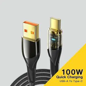 100W USB A to USB C Cable Transparent, 7A PD QC 5.0 Type C to Type C Cable Super Fast Charging USB C Cable(3.3ft, Black, 1 Pack)