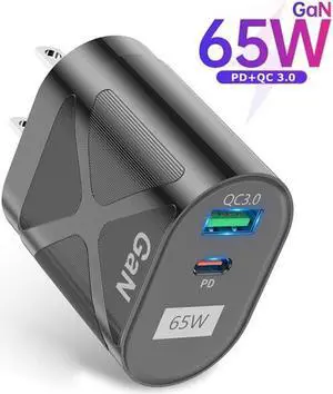 65W GaN Charger USB PD Muti Plugs Fast Charging GaN Charger Mobile Phone Quick Charging Type C Wall for IPhone Xiaomi Samsung - Black