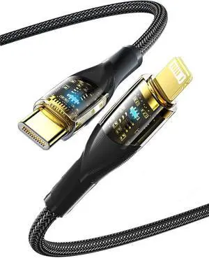 29W USB C to Lightning Cable Transparent Shell, 3A PD QC 4.0 Type C to Lightning Cable Super Fast Charging [MFi Certified] Cable for Apple Product(3.3ft, Black, 1 Pack)