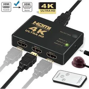 HDMI Switch 4K,  3-Port HDMI Switcher, Splitter, Supports 4K, Full HD1080p, 3D with IR Remote