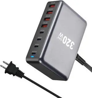 8-Port USB C Charger 320W QC3.1 PD3.1 GaN Charger Type C Adapter GaN Tech with Fast Desk Charger Compatible for iPhone, MacBook Pro, iPad Pro, Switch, Galaxy S22/S21