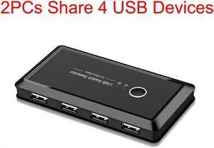 USB Switch Selector 2 Computers Sharing 4 USB Devices USB 2.0 Peripheral Switcher Box Hub for Mouse, Keyboard, Scanner, Printer, PCs with One-Button Swapping and 2 Pack USB A to A Cable
