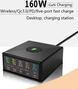 160W 5 Port GaN USB C Charging Station Hub Block Charger Power Strip Adapter Plug Cube, 3C2A (C1/C2 65W + A1/A2/A3 QC3.0 18W) + 15W Wireless Charging for Cell Phone, Tablet