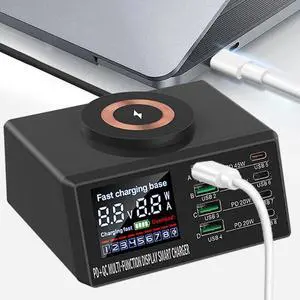 110W USB C Charging Station for Multiple Devices, 8 Port Multi Device Fast Charging Station with Wireless Charging for MacBook iPhone 15 Phone iPad Tablets (with Smart LCD Display)