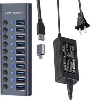 USB 3.0 SuperSpeed 10-Port Hub [Durable Aluminum] with 60W (12V / 5A) Power Adapter for Laptop/PC, work for Mouse, Keyboard, Hard Drive or More USB Devices