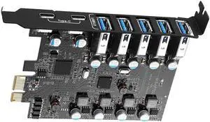 7 Ports PCI-E to USB 3.0 HUB(2X USB C - 5X USB A 3.0) PCI Express Expansion Card Adapter 5Gbps for Motherboard