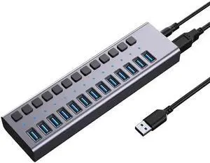 Powered USB Hub - 16 Ports 90W USB 3.0 Data Port, Aluminum Housing, Individual On/Off Switches, 12V/7.5A Power Adapter, 5Gbps High Speed, USB 3.0 Hub for Laptop, PC, Computer, Mobile HDD (HS082-16U)
