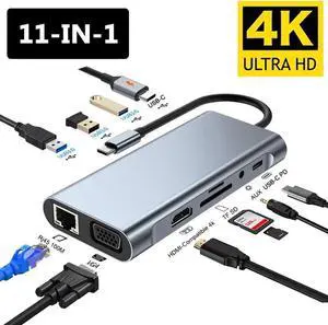11in1 USB C hub with USB C Multiport Adapter - 4K HDMI, 1080P VGA, Gigabit RJ45, USB-C, 3*USB 3.0 Ports, 100W PD, 3.5mm Aux,USB c hub for MacBook/PC/Laptop/Tablet Devices