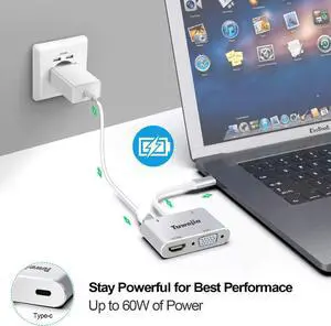 USB C Hub,Upgrade 4 in 1 USB C to HDMI 4K+VGA Adapter,HDMI+VGA Dual Display,USB 3.0 5Gbps 900mA(Max) Output, 87W Power Delivery for Nintendo Switch/MacBook Pro/Air/Ipad Pro/Dell XP -Silver