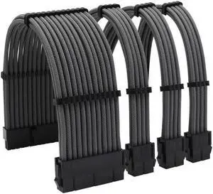 Soft Braided ATX PSU Power Extension Cable 24Pin + CPU 8Pin + GPU 8pin (6+2)Pin PCI-E Kit for Motherboard CPU Cord(Grey)