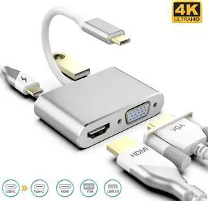 USB C to HDMI VGA Adapter, USB C Hub with 4K HDMI, 1080P VGA,USB 3.0,USB C PD Charging,HDMI+VGA Dual Display,Compatible with MacBook Pro/Air/ipad Pro 2018/Dell XPS/Nintendo Switch/Samsung More-Silver