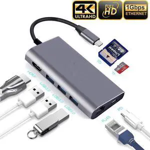 USB C Hub,8-in-1 USB C to 4K HDMI Adapter with Ethernet Port, 60W Power Delivery, SD/TF card reader, 3 USB 3.0 port for MacBook/Pro/Air/IMAC and Type C Windows Laptops