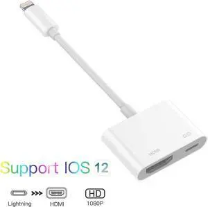 Lighting to HDMI Adapter, HDMI Adapter Compatible with i-Phone 11/11 Pro/11 Pro Max/XS/XR/X/8/7, 1080P HDMI Digital AV Adapter with Charging Port Compatible with Phone/Pad, Power Supply Needed