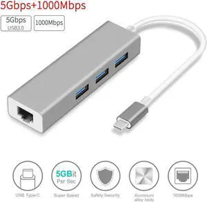 USB-C to Ethernet Adapter with 3 Port USB3.0, USB Type-C to RJ45 Gigabit Ethernet LAN Network Adapter [Thunderbolt 3 Compatible] for MacBook Pro, Dell XPS 13/15, Surface Book Pixelbook and More, Gray