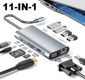 11in1 USB C hub,USB hub with USB C Multiport Adapter, USB Splitter with 4K HDMI, VGA, RJ45, USB 3.0, 3*USB 2.0 Ports, 100W USB-C PD, 3.5mm Aux,USB c hub for MacBook/PC/Laptop/Tablet Devices