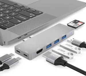 USB C Hub, 8-in-2 Dual USB C Hub Adapter with 4K HDMI, Thunderbolt 3, 3 USB 3.0, USB-C Data Port, SD and MicroSD Card Reader Type C Hub Compatible with MacBook Air, MacBook Pro 2017/2018