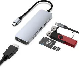 USB C Hub, 6 in 1 USB C to HDMI Multiport Adapter, 4K HDMI, Power Delivery 100 W, USB 2.0 Port, USB 3.0, SD/TF Card Reader, USB C Dongle for MacBook Pro/Air, Laptop and USB C Devices